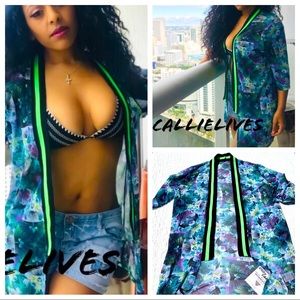 S/M NWT BoHo Chic Kimono Tropical 🏝Floral 🌺 Print Mesh Neon Trim Duster